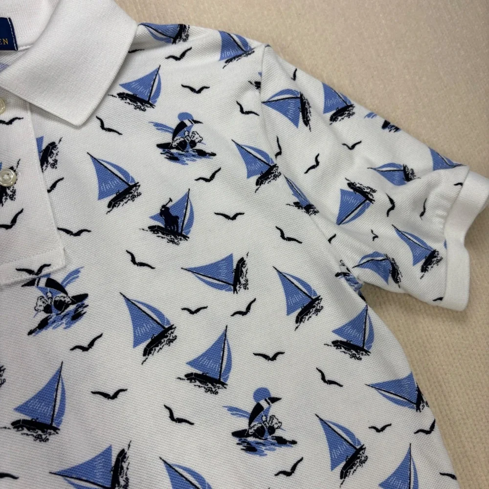 Polo Ralph Lauren Boys White Blue Sailboat Nautical Pique Polo Shirt L 14-16